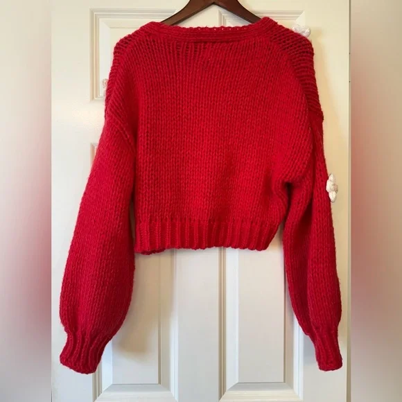 Luna Ivy Chunk Knit Red Floral Cardigan Sweater Size Medium - Picture 2 of 11